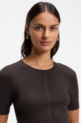 Mixed-material dress with pleated skirt, Brown