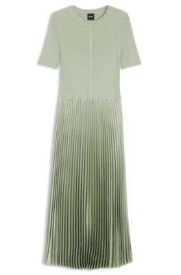 Mixed-material dress with pleated skirt, Light Green