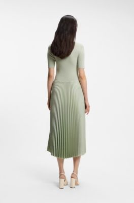 Mixed-material dress with pleated skirt, Light Green