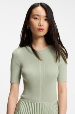 Mixed-material dress with pleated skirt, Light Green