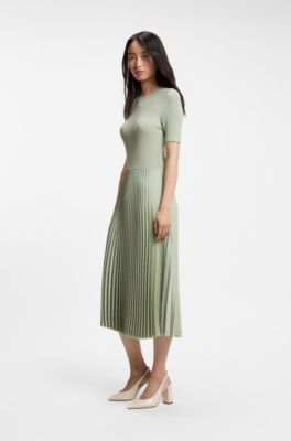 Mixed-material dress with pleated skirt, Light Green