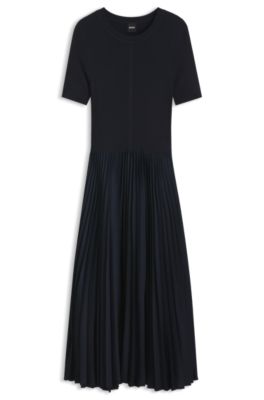 Vestido de mezcla de materiales con falda plisada, Azul oscuro