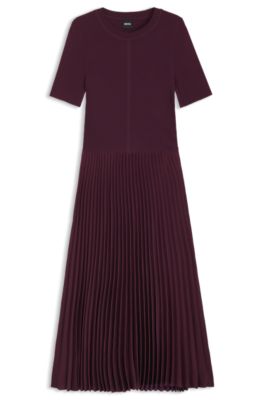 Vestido de mezcla de materiales con falda plisada, P&uacute;rpura oscuro
