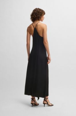 Sateen dress with waterfall detail, Black
