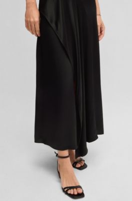 Sateen dress with waterfall detail, Black