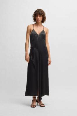 Sateen dress with waterfall detail, Black