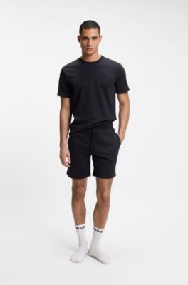 Drawstring pajama shorts in cotton with printed branding, Dark Blue