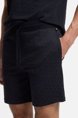Drawstring pajama shorts in cotton with printed branding, Dark Blue