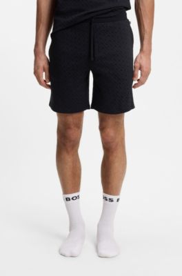 Drawstring pajama shorts in cotton with printed branding, Dark Blue