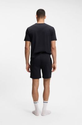 Drawstring pajama shorts in cotton with printed branding, Dark Blue