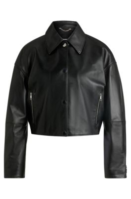 Chaqueta de piel con botones autom&aacute;ticos cubiertos, Negro