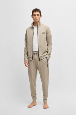 Drawcord tracksuit bottoms in cotton terry with logo print, Light Beige