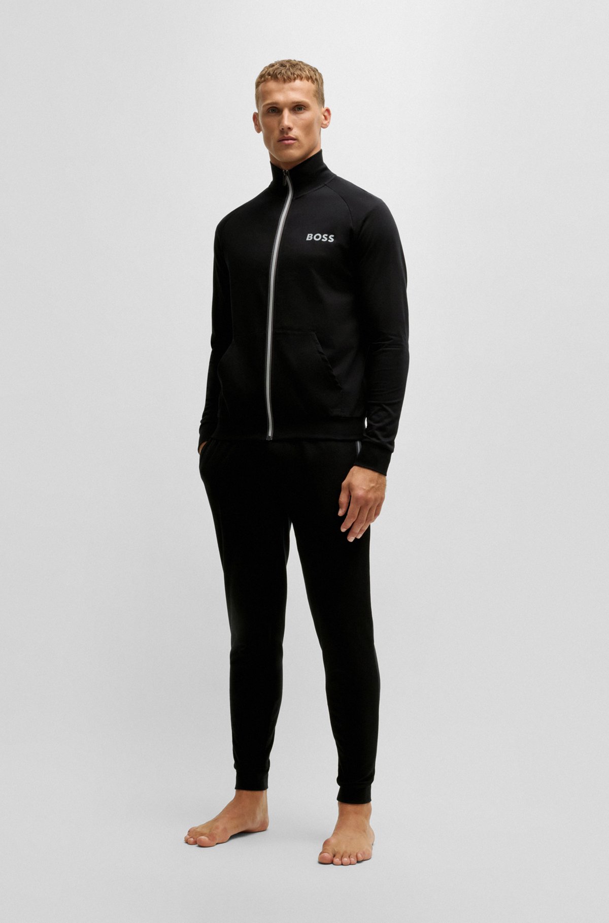 BOSS - Cotton-terry zip-up jacket with logo print - Black BOSS - Cotton-terry zip-up jacket with logo print - Black
