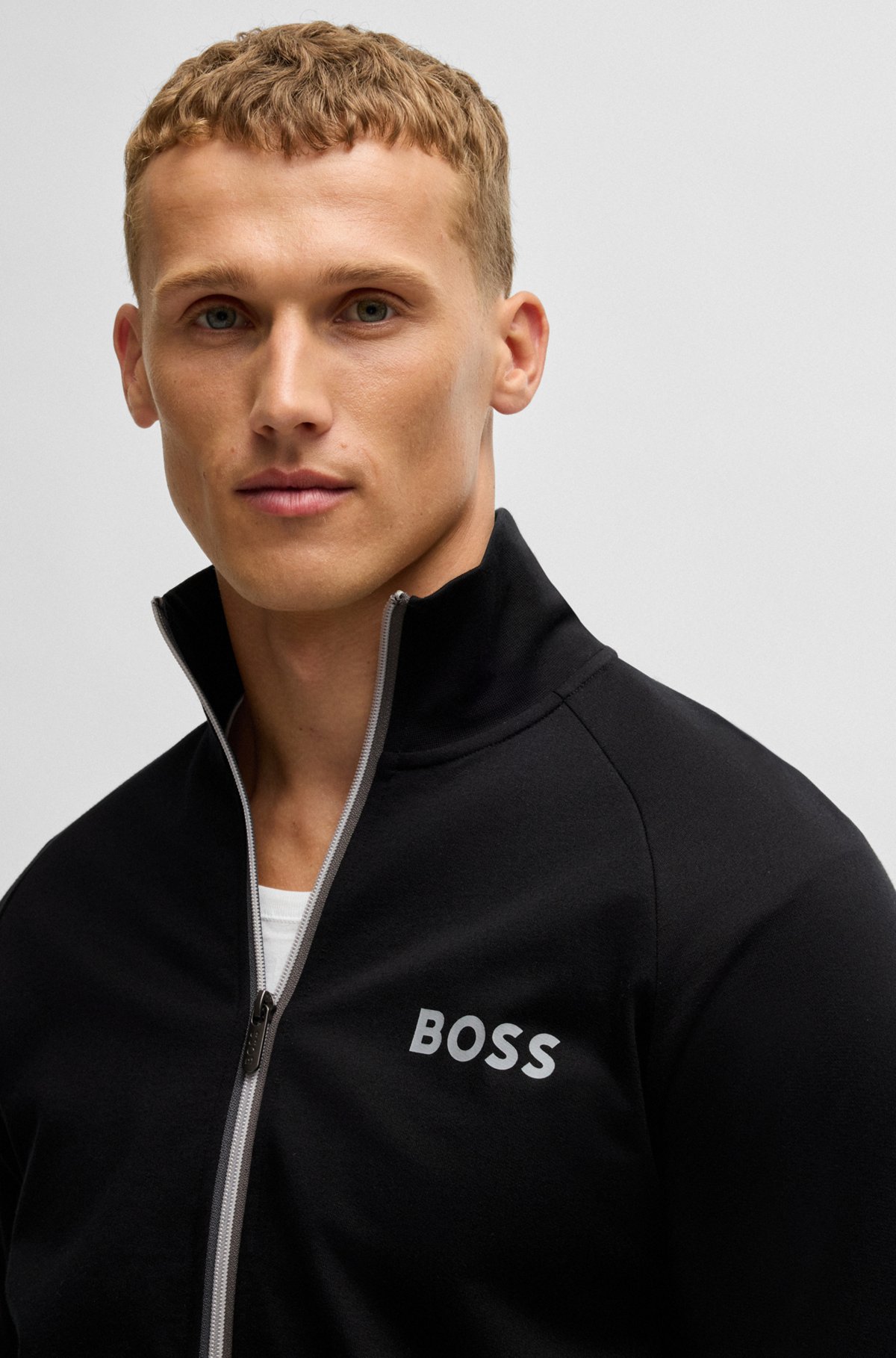 BOSS - Cotton-terry zip-up jacket with logo print - Black BOSS - Cotton-terry zip-up jacket with logo print - Black