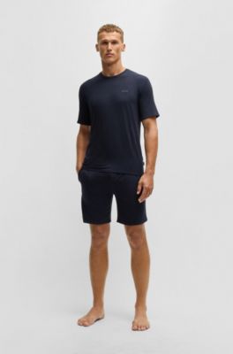 Conjunto de pijama corto de punto con detalle de la marca bordado, Azul oscuro