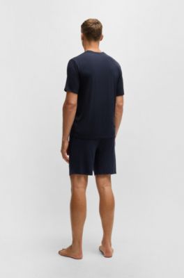 Conjunto de pijama corto de punto con detalle de la marca bordado, Azul oscuro