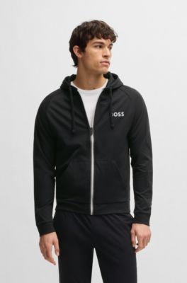 Sudadera de felpa de algod&oacute;n con capucha, cremallera y logo estampado, Negro