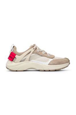 Mixed-material trainers with decorative reflective effects, Beige