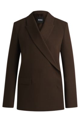 Hugo Boss Wrap-front Blazer In Melange Wool Crepe In Brown