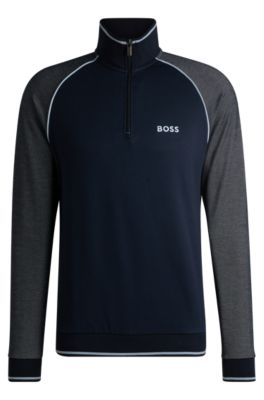 BOSS - Zip-neck sweatshirt with contrast piping - Dark Blue