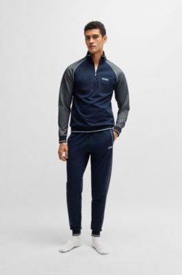 Sudadera con cuello con cremallera y ribetes en contraste, Azul oscuro