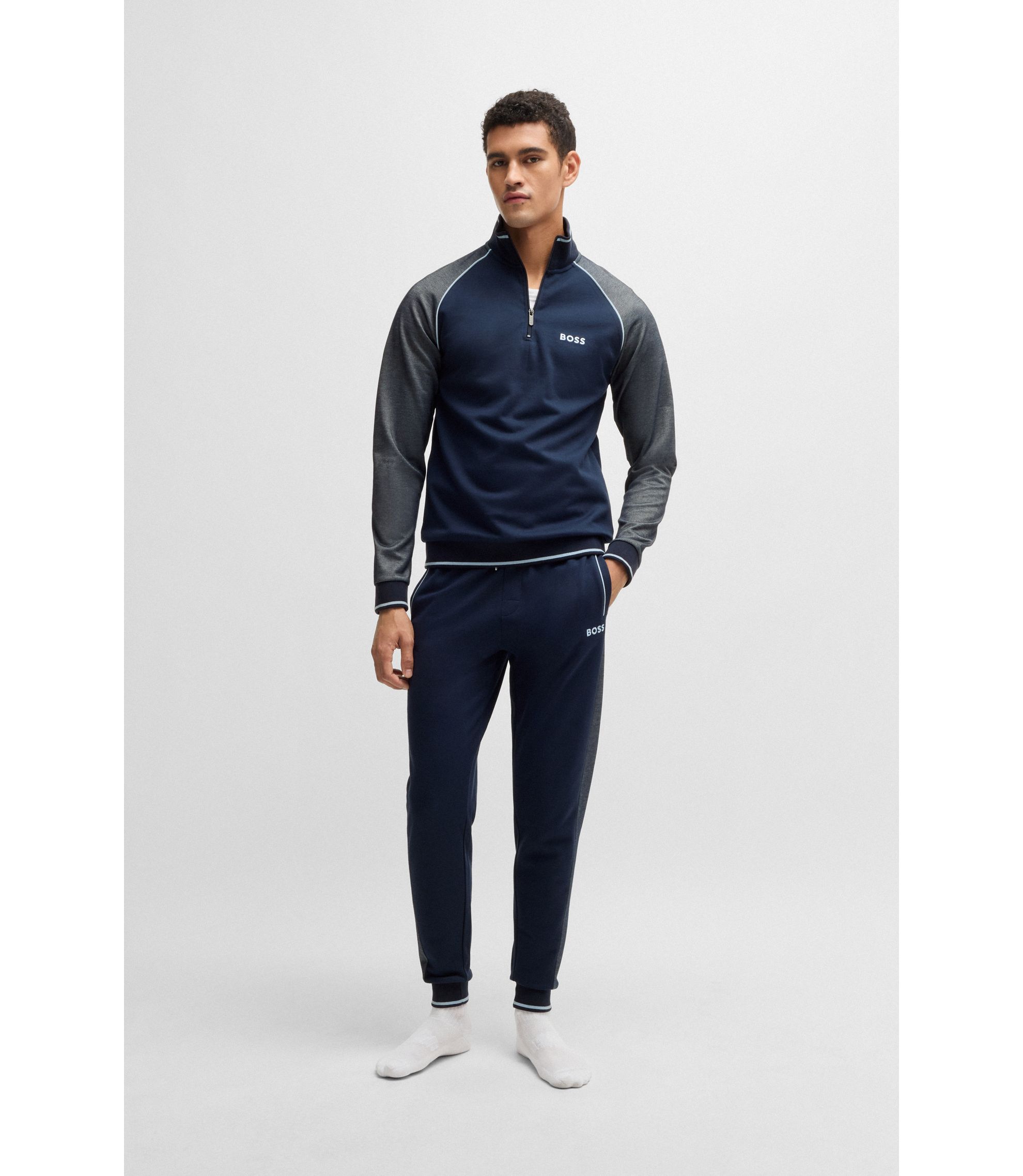 BOSS - Zip-neck sweatshirt with contrast piping - Dark Blue