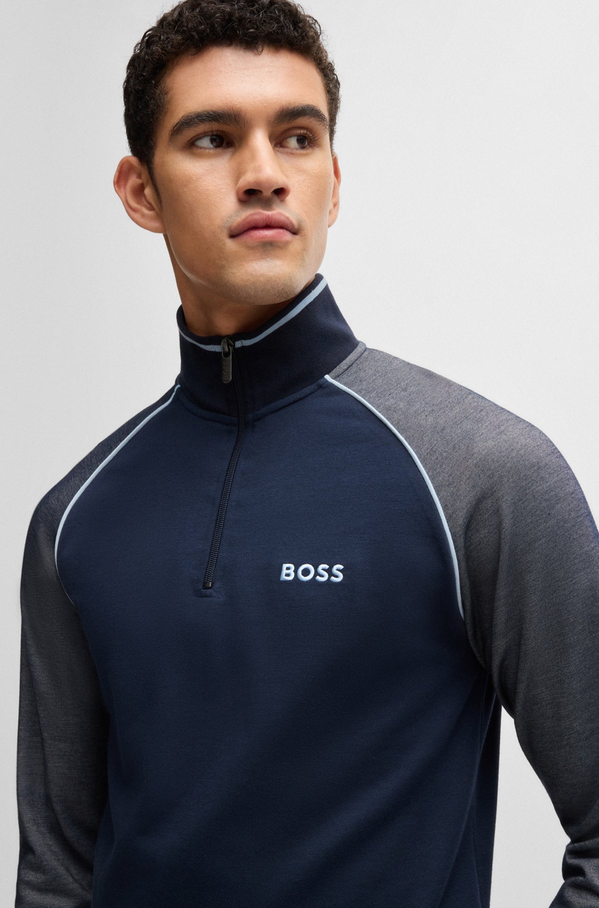 BOSS - Zip-neck sweatshirt with contrast piping - Dark Blue BOSS - Zip-neck sweatshirt with contrast piping - Dark Blue