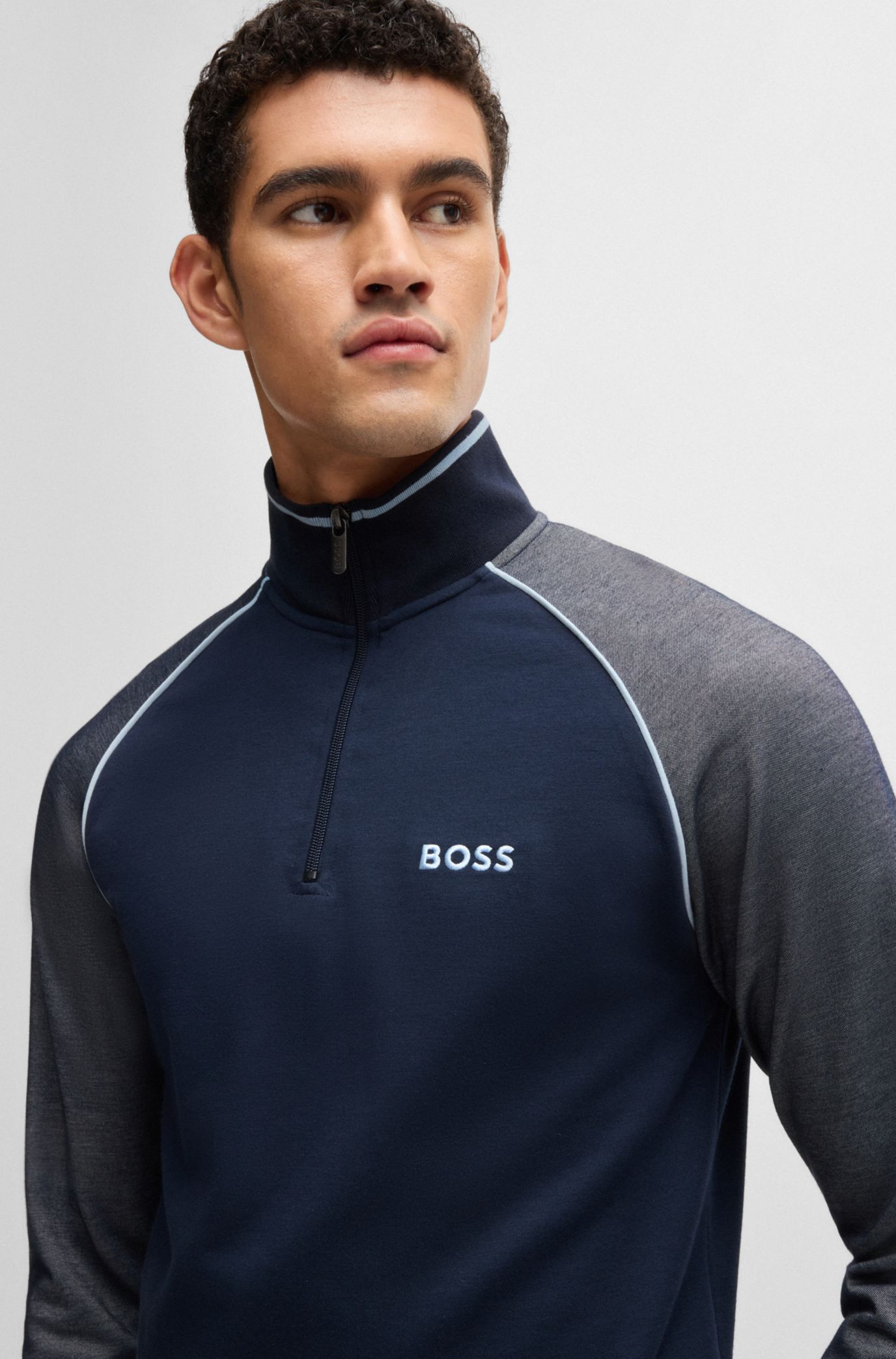 BOSS - Zip-neck sweatshirt with contrast piping - Dark Blue