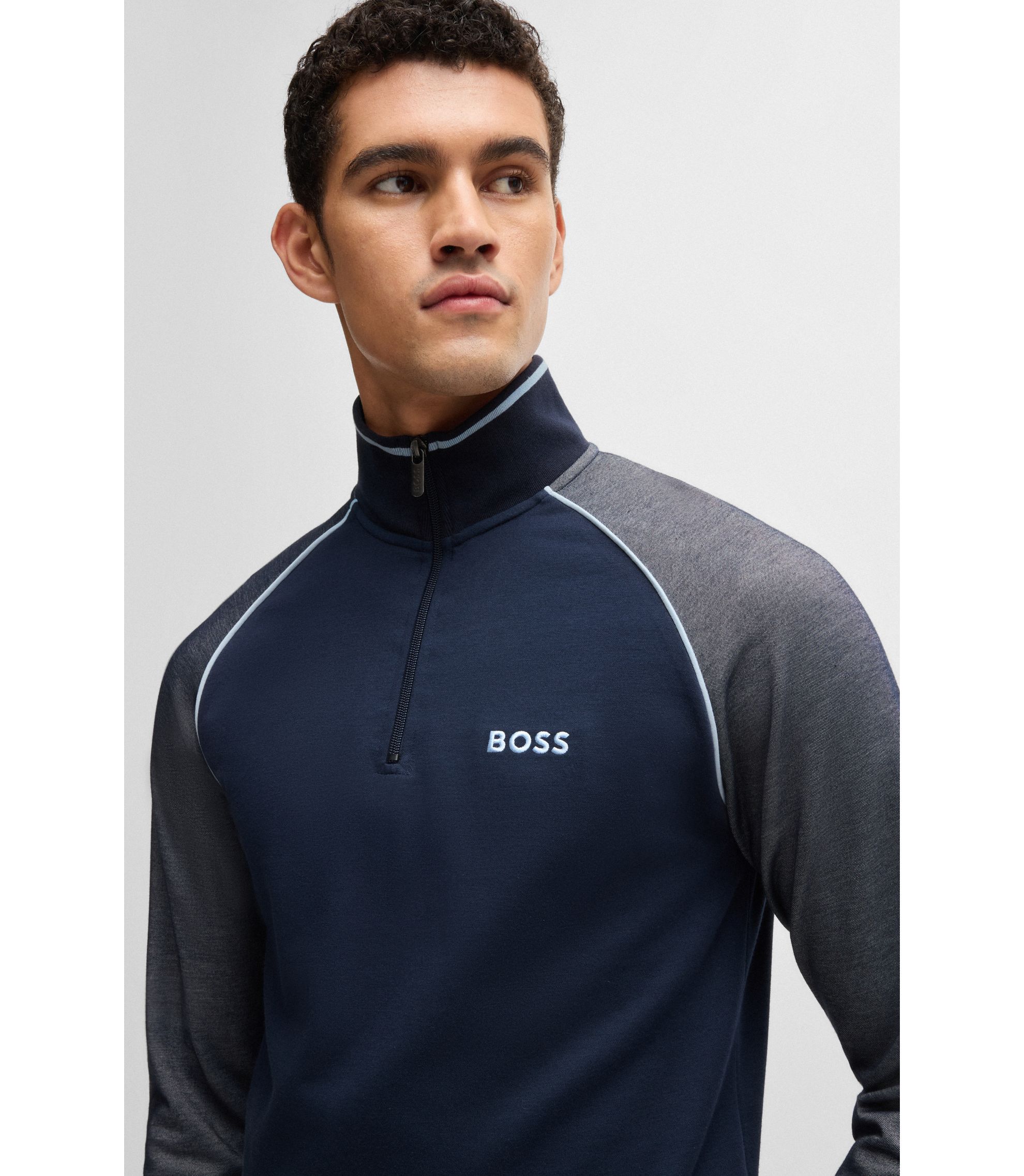 BOSS - Zip-neck sweatshirt with contrast piping - Dark Blue