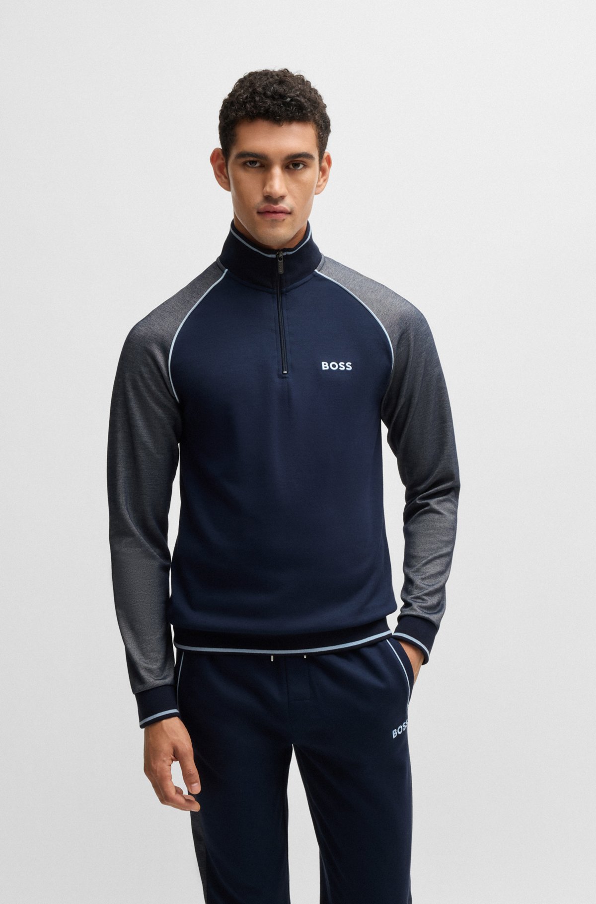 BOSS - Zip-neck sweatshirt with contrast piping - Dark Blue BOSS - Zip-neck sweatshirt with contrast piping - Dark Blue