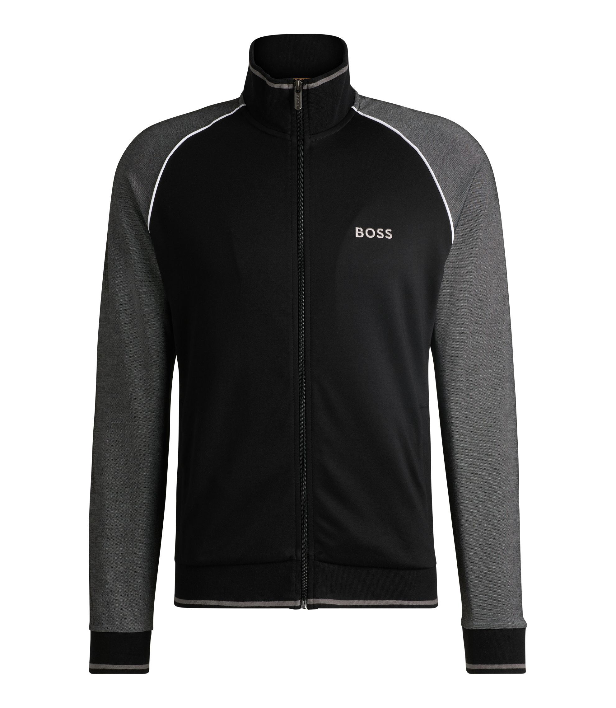 BOSS - Cotton zip-up jacket with contrast piping - Black