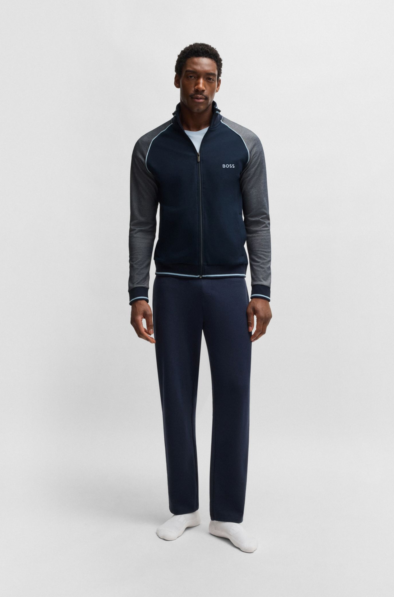 HUGO BOSS ネイビー ジップアップジャケット BOSS - Cotton zip-up jacket with contrast piping - Dark Blue