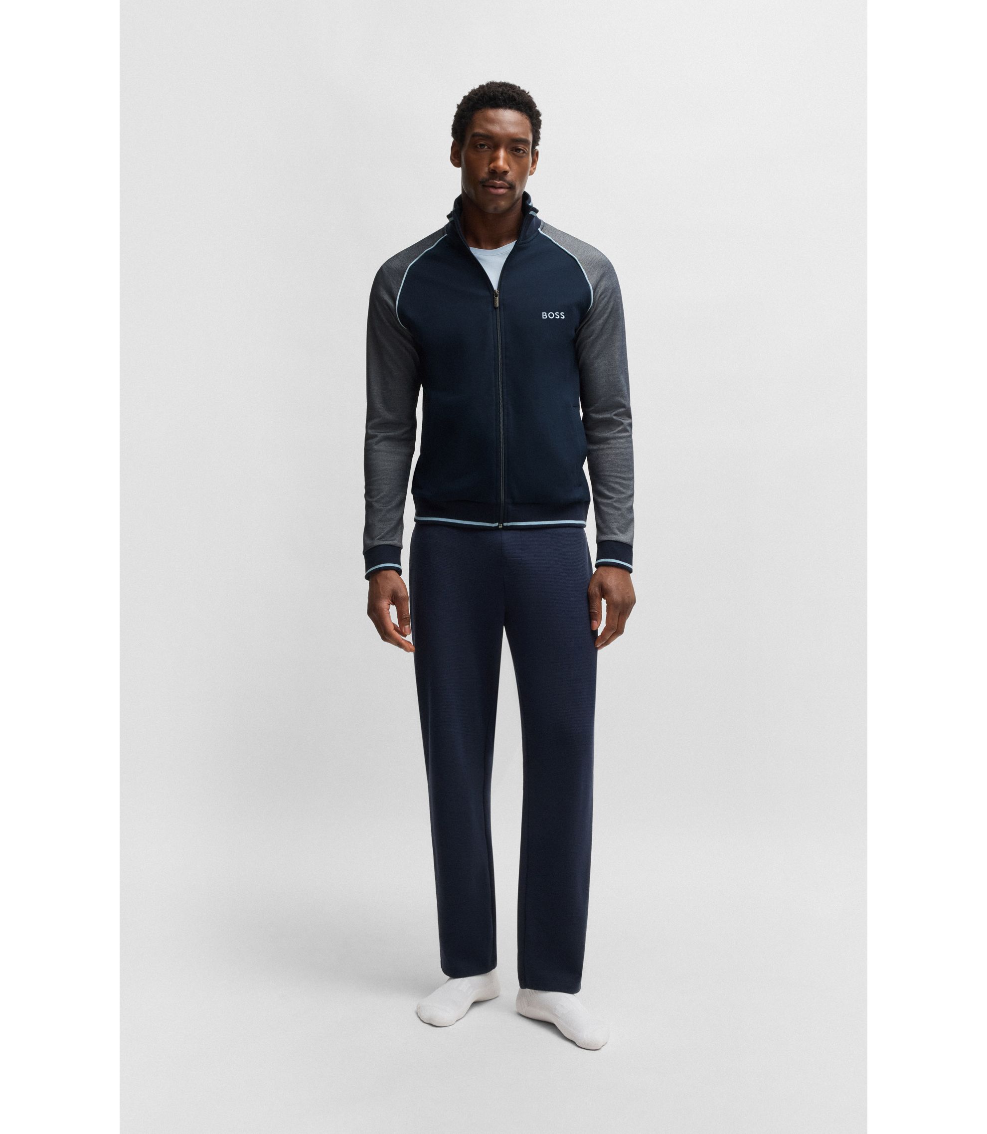 HUGO BOSS ネイビー ジップアップジャケット BOSS - Zip-up jacket in stretch cotton with embroidered logo