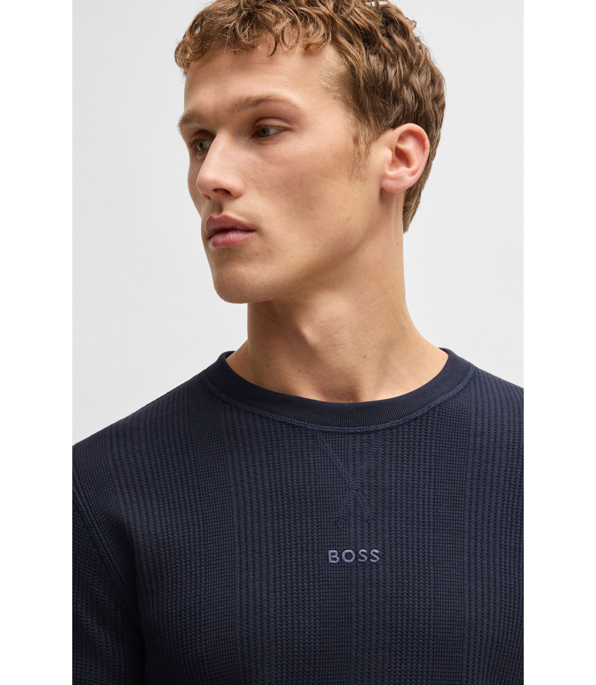 BOSS - Logo-embroidered sweatshirt in a waffle knit - Dark Blue