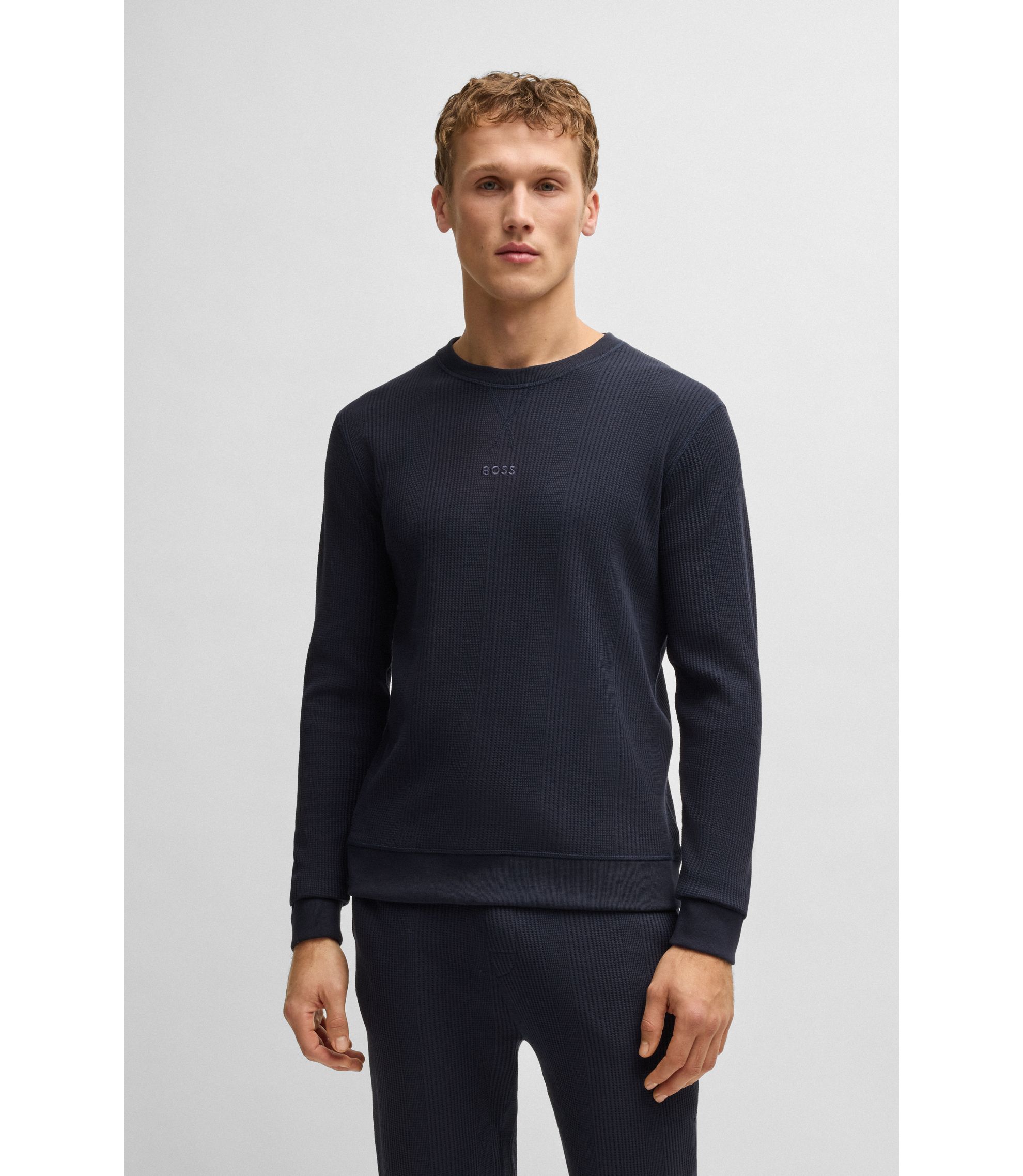 BOSS - Logo-embroidered sweatshirt in a waffle knit - Dark Blue