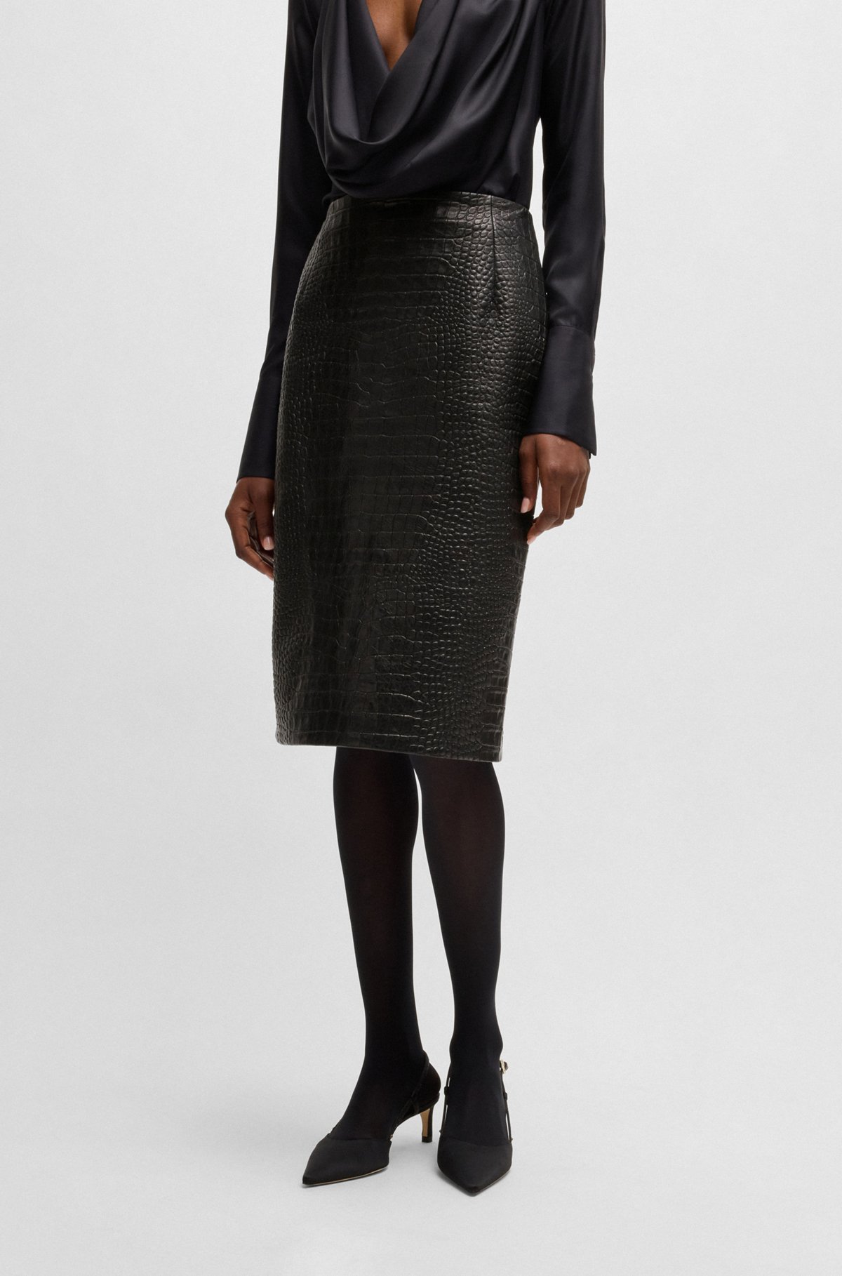 BOSS - Pencil skirt in crocodile-embossed leather - Black BOSS - Pencil skirt in crocodile-embossed leather - Black