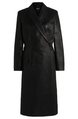 Hugo Boss Wrap-front Coat In Crocodile-embossed Leather In Black