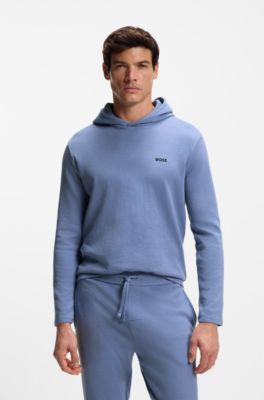 Cotton-blend pajama hoodie with waffle structure, Light Blue