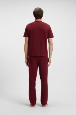 Cotton-blend pajama T-shirt with embroidered logo, Dark Red