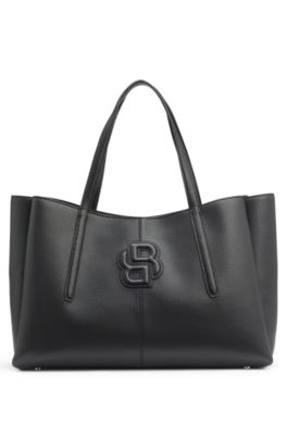 Grained faux-leather tote bag with Double B monogram, Black