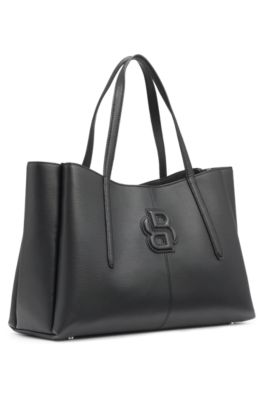Grained faux-leather tote bag with Double B monogram, Black