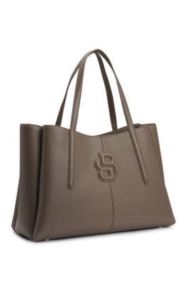 Grained faux-leather tote bag with Double B monogram, Brown