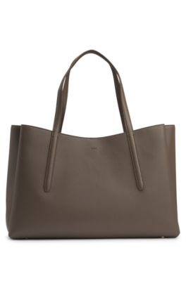 Grained faux-leather tote bag with Double B monogram, Brown