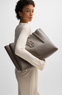 Grained faux-leather tote bag with Double B monogram, Brown