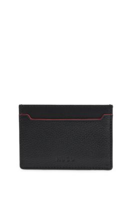 Tarjetero de piel granulada con logo grabado, Negro