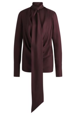 Hugo Boss Regular-fit Blouse In Silk Twill With Scarf Neckline In Light Brown