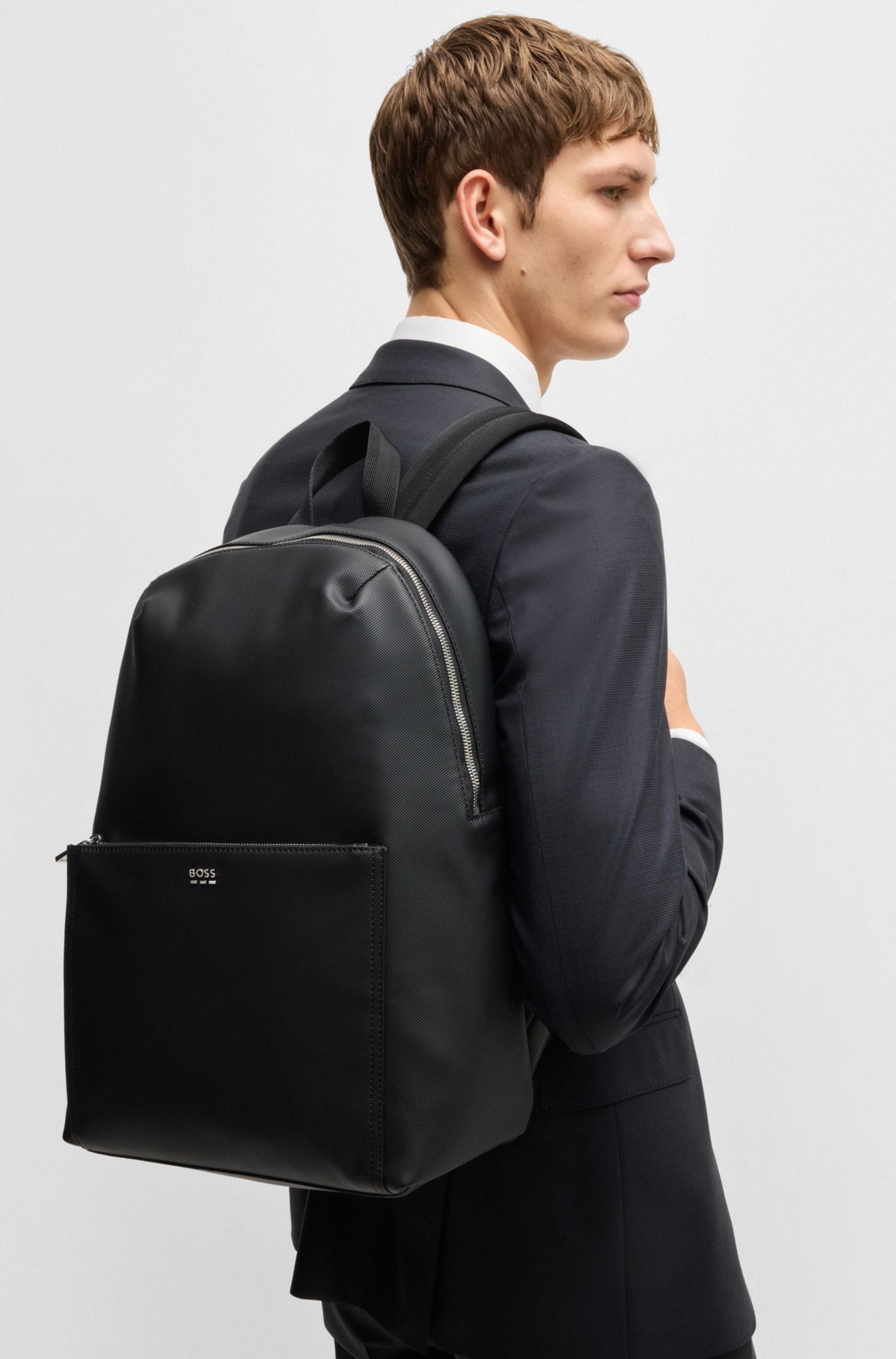kiruakirua　0313 BOSS - Textured backpack with logo hardware - Black