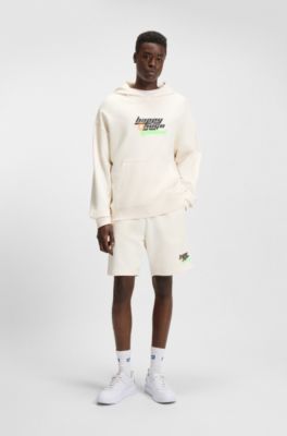Cotton-terry shorts with Happy HUGO logo, White