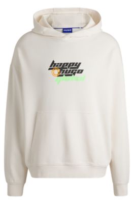 Sudadera regular fit de felpa de algod&oacute;n con capucha y logo Happy HUGO, Blanco