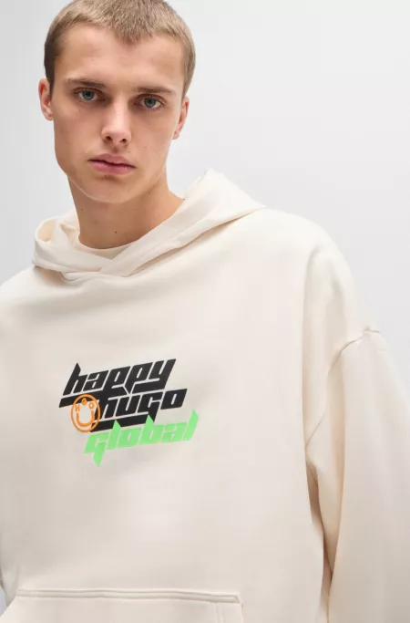 Regular-fit cotton-terry hoodie with Happy HUGO logo